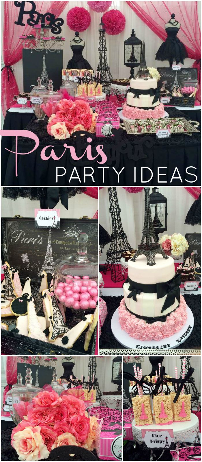 Paris Birthday Party Decorations
 What a gorgeous pink and black Paris birthday party See