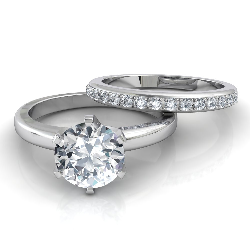 Pave Wedding Band
 Six Prong Solitaire Engagement Ring & Pavé Wedding Band