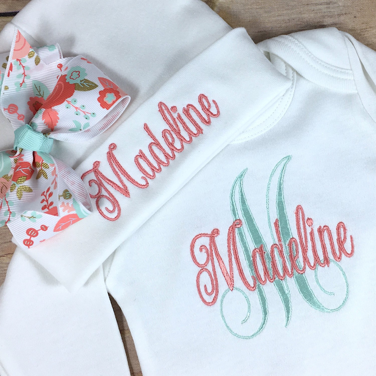 Personalized Baby Gifts For Girls
 Personalized ing Home Outfit Monogram Coral Mint Baby Gown