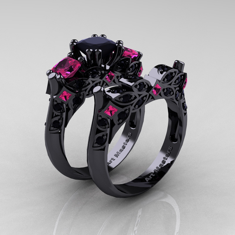 Pink And Black Wedding Ring
 Designer Classic 14K Black Gold Three Stone Princess Black