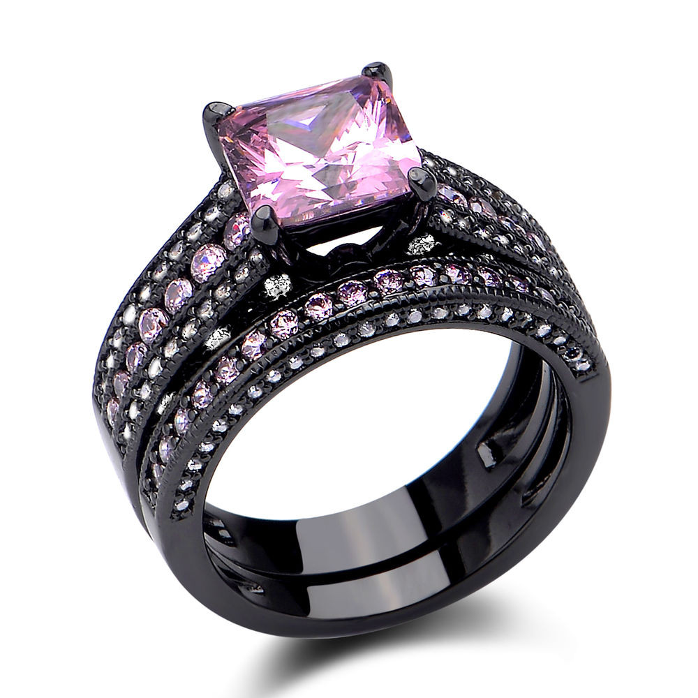 Pink And Black Wedding Ring
 Vintage Pink Sapphire Sterling Silver Black Gold Plated 2