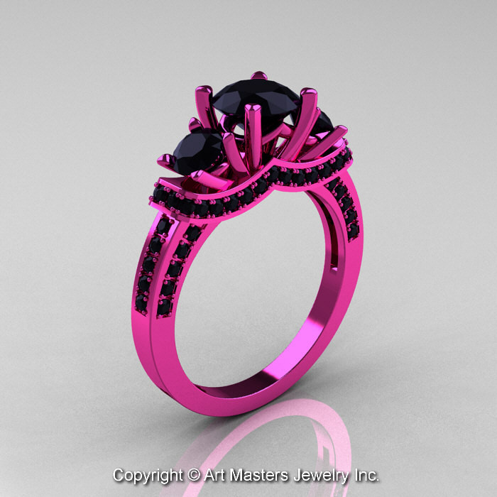 Pink And Black Wedding Ring
 French 14K Pink Gold Three Stone Black Diamond Wedding