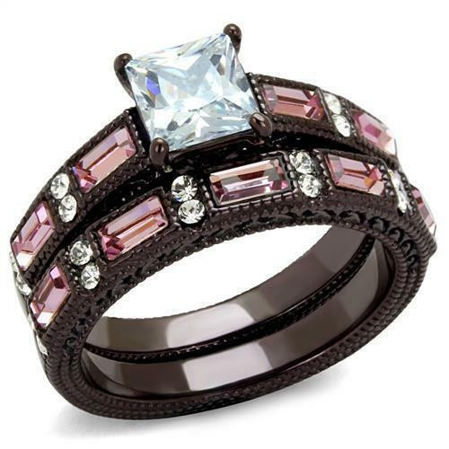 Pink And Black Wedding Ring
 Princess Square Pink CZ Black Stainless Steel 2PC Wedding