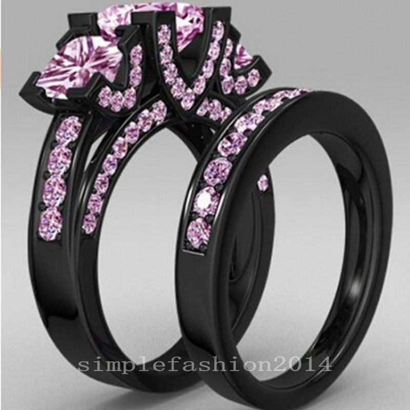 Pink And Black Wedding Ring
 Princess cut Pink Sapphire Black Gold Filled 925 Silver