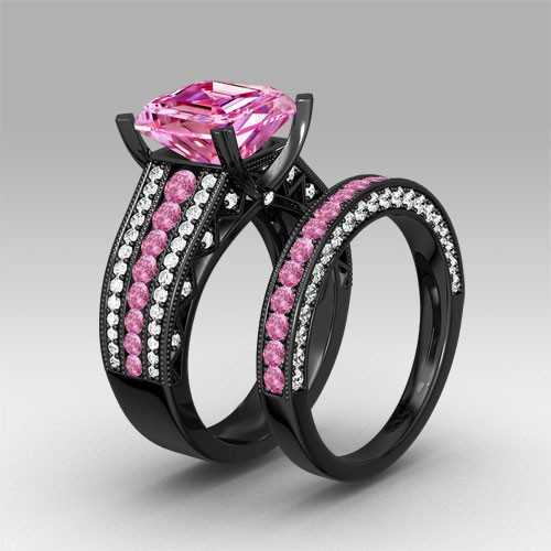 Pink And Black Wedding Ring
 Pink and White Cubic Zirconia Asscher Cut Engagement Ring