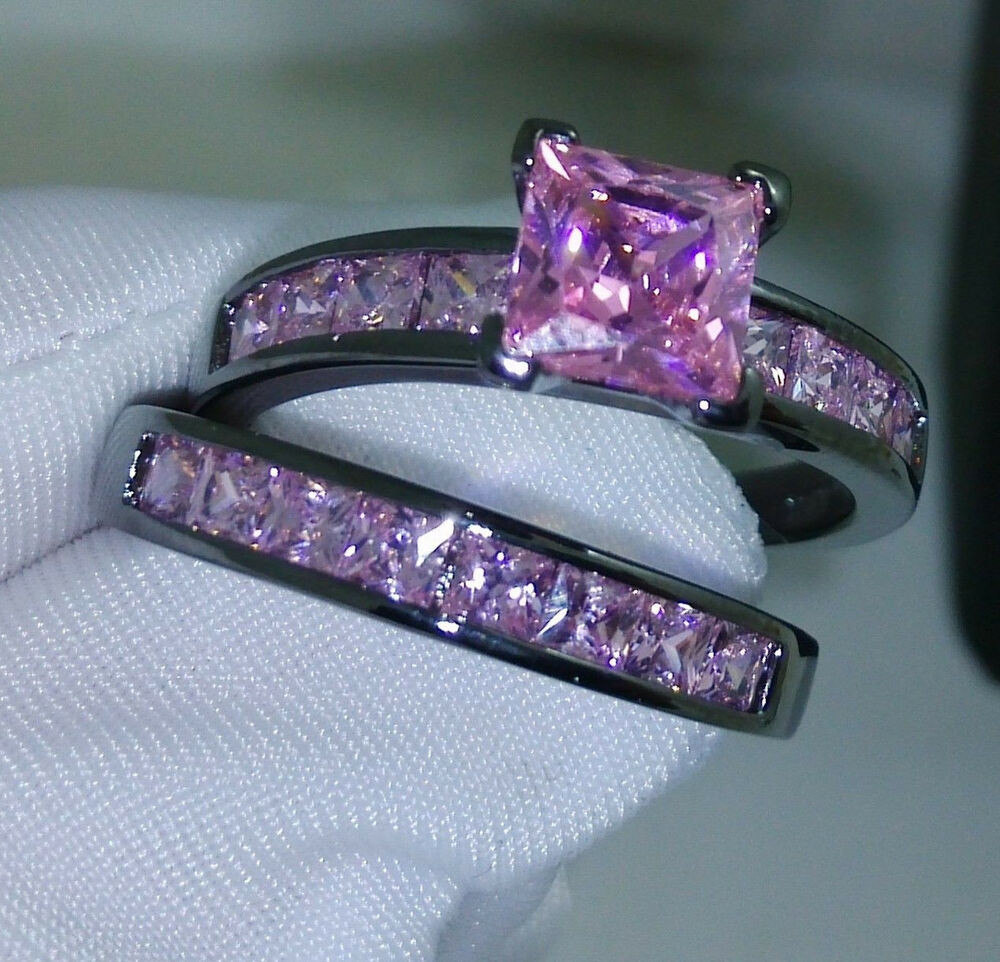 Pink And Black Wedding Ring
 Noble Pricess Cut Pink Sapphire 10KT Black Gold Filled