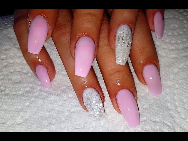 Pink And White Glitter Acrylic Nails
 Pink And White Glitter Nail Design Long Coffin Shaped