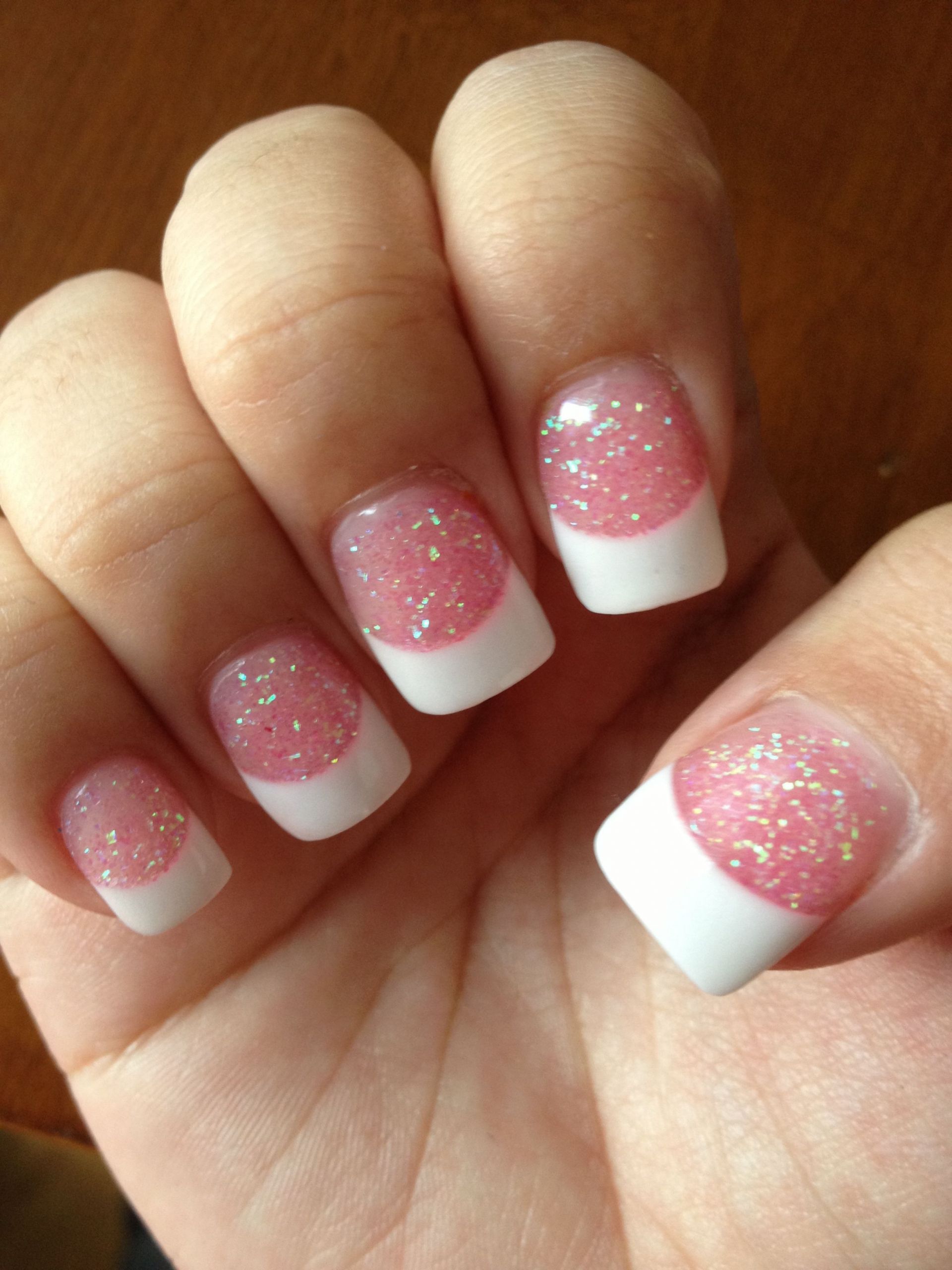 Pink And White Glitter Acrylic Nails
 Acrylic nails white tip with pink glitter base