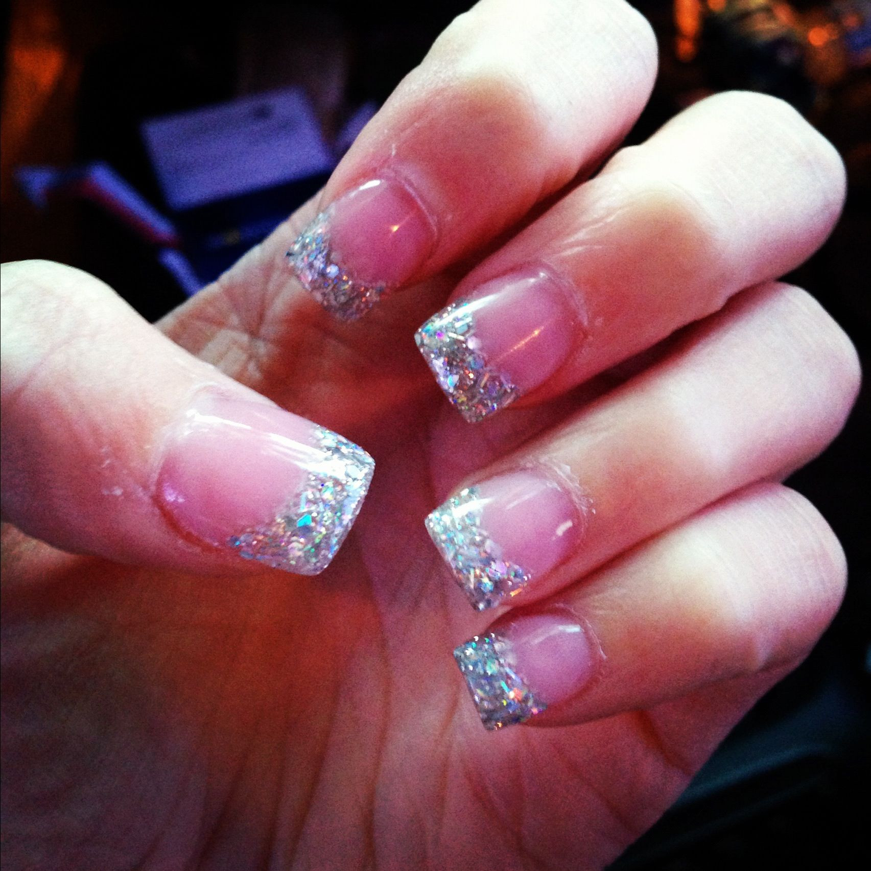 Pink And White Glitter Acrylic Nails
 Pink and white acrylic with glitter tips