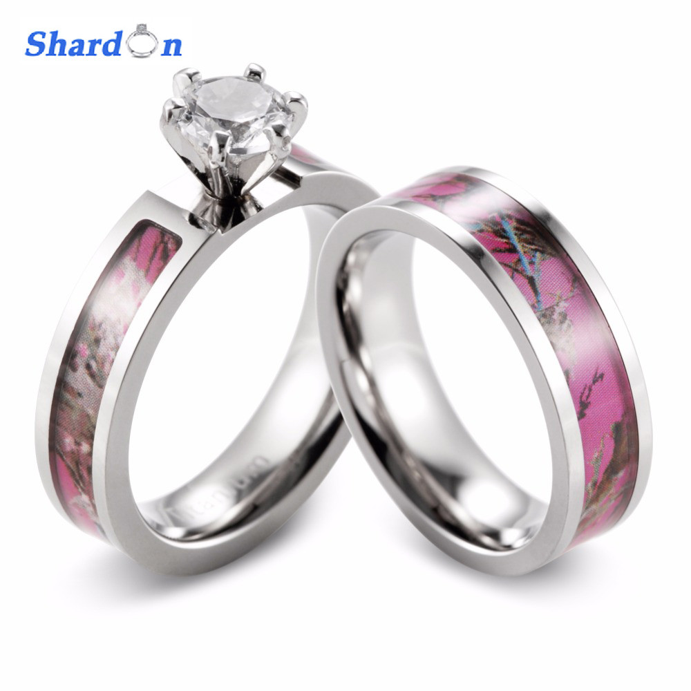 Pink Camouflage Wedding Rings
 SHARDON Women Camo Engagement Ring Set Titanium 6 Prong