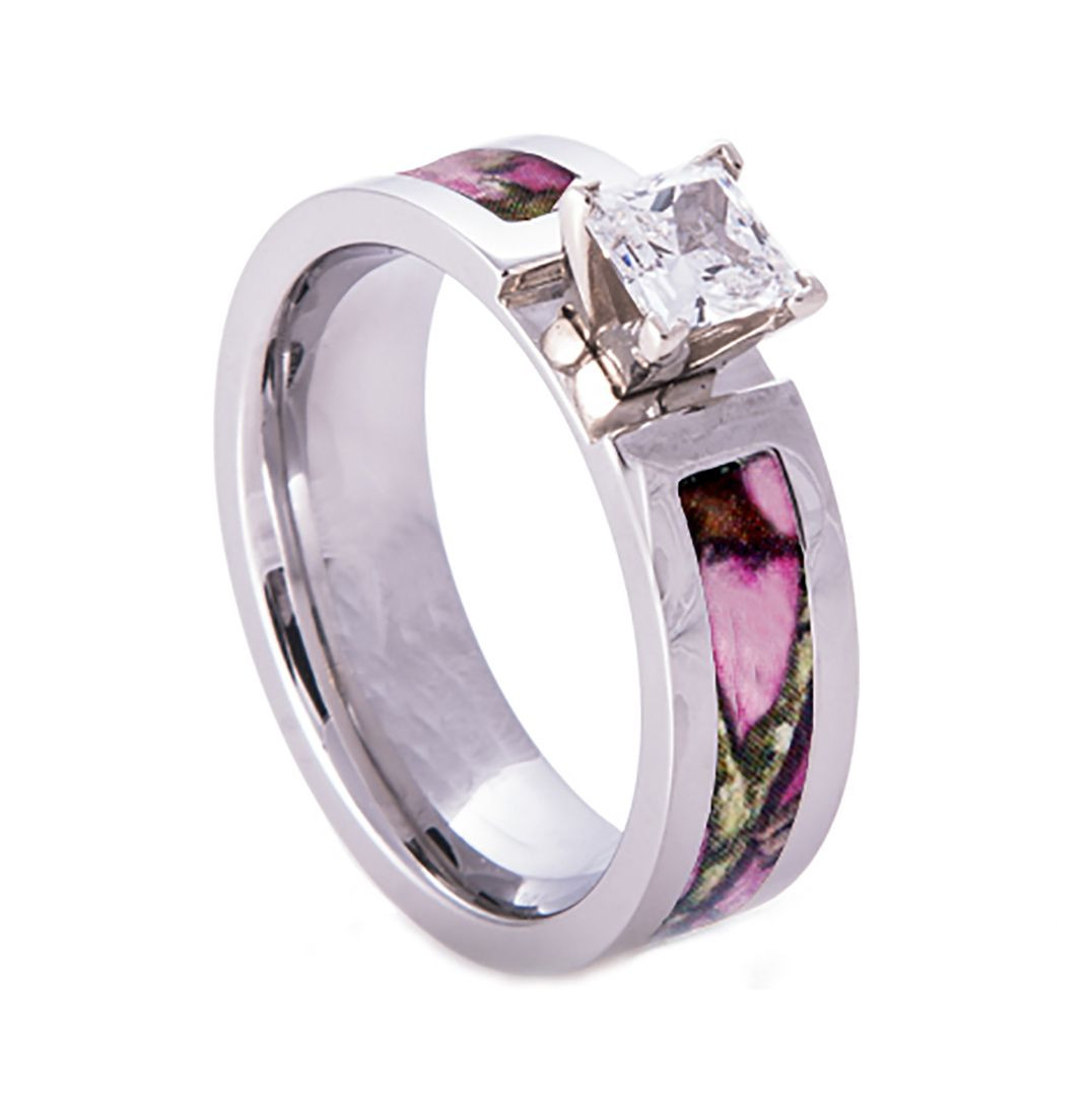 Pink Camouflage Wedding Rings
 Pink Camo Wedding Engagement Ring Titanium with CZ Stone