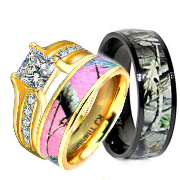 Pink Camouflage Wedding Rings
 His & Hers 3 pcs Pink Camo 14K Gold Plated Silver