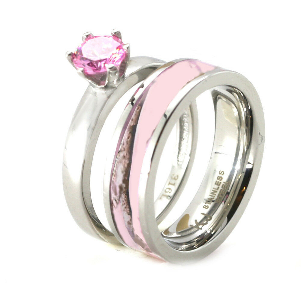 Pink Camouflage Wedding Rings
 Womens Pink Camo Engagement Wedding Ring Set Stainless
