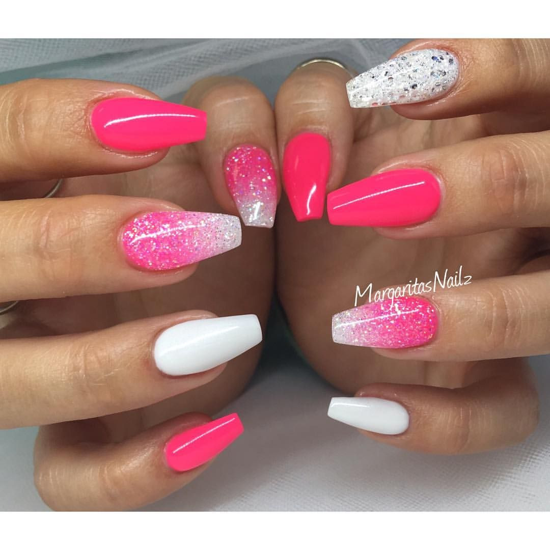 Pink Glitter Acrylic Nails
 Neon pink and white coffin nails glitter ombré spring