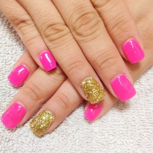 Pink Nails With Gold Glitter
 Hot pink nails with gold glitter accent nails