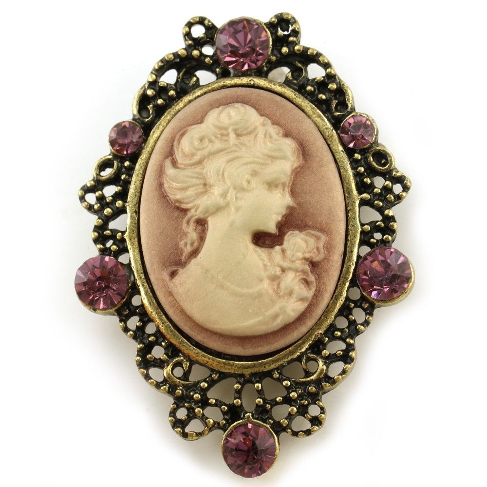 Pins Jewelry Bronze Brass Gold Tone Plum Purple Cameo Brooch Pin