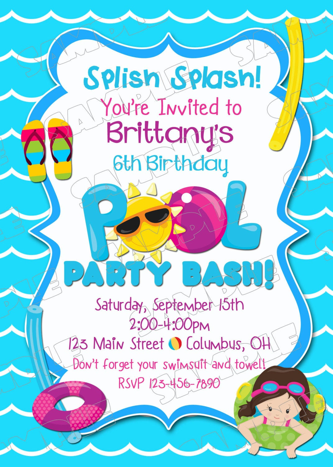 Pool Birthday Party
 Pool party invitation swim party swimming birthday party