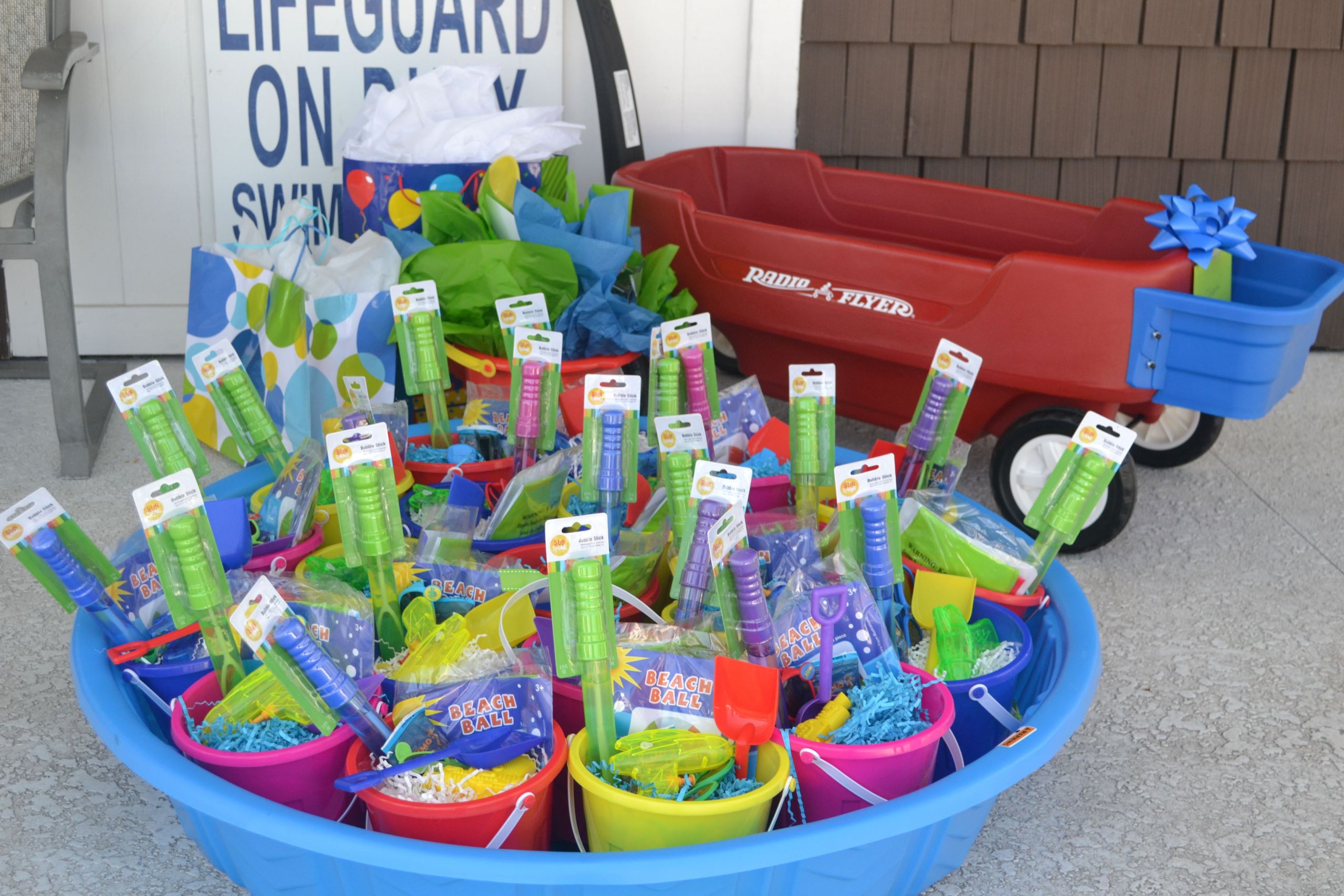 Pool Party Gifts Ideas
 party favor idea sand pail & shovel bubbles goggles