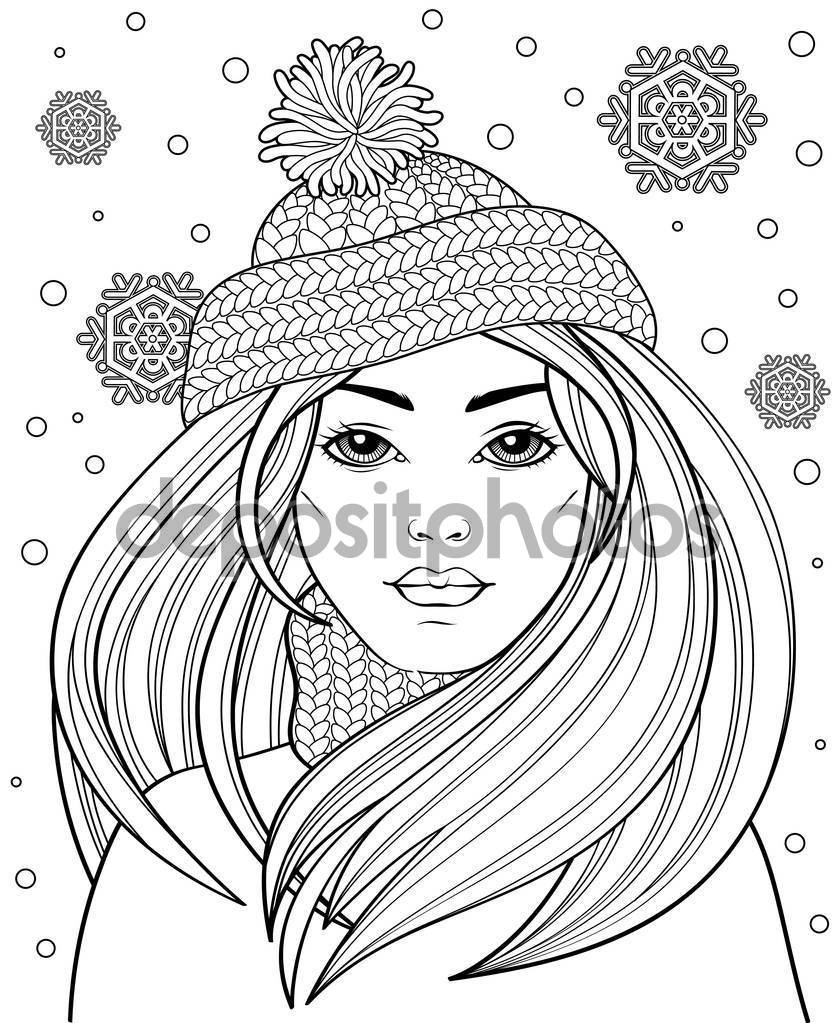 Pretty Girls Coloring Pages
 Young Beautiful Girl Long Hair Knitted Hat Tattoo Adult