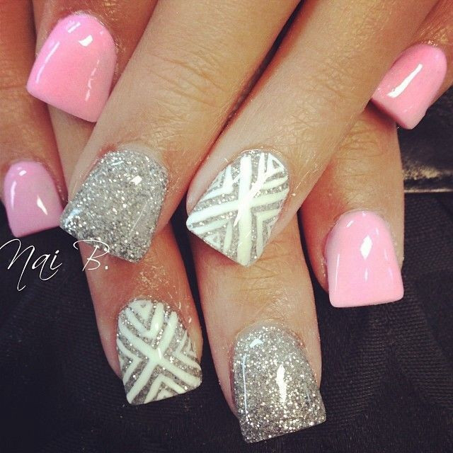 Pretty Glitter Nails
 super cute pink silver & tribal nails