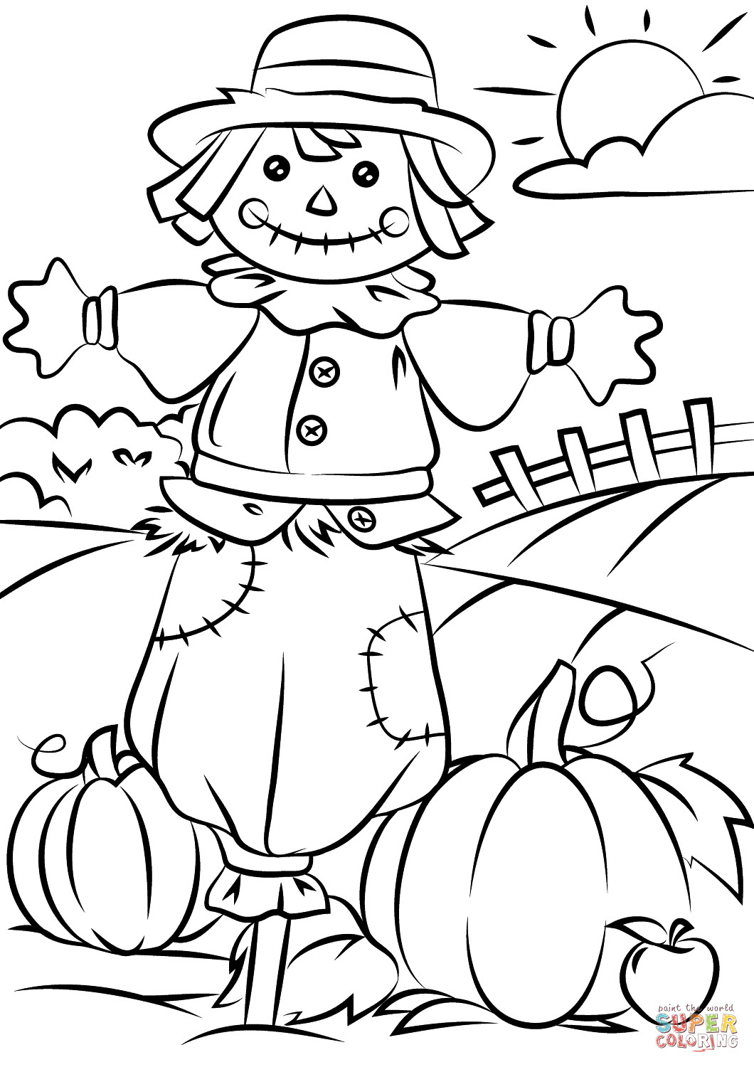 Printable Coloring Pages For Kids Fall
 Coloring Autumn Scene with Scarecrow Coloring Page Free