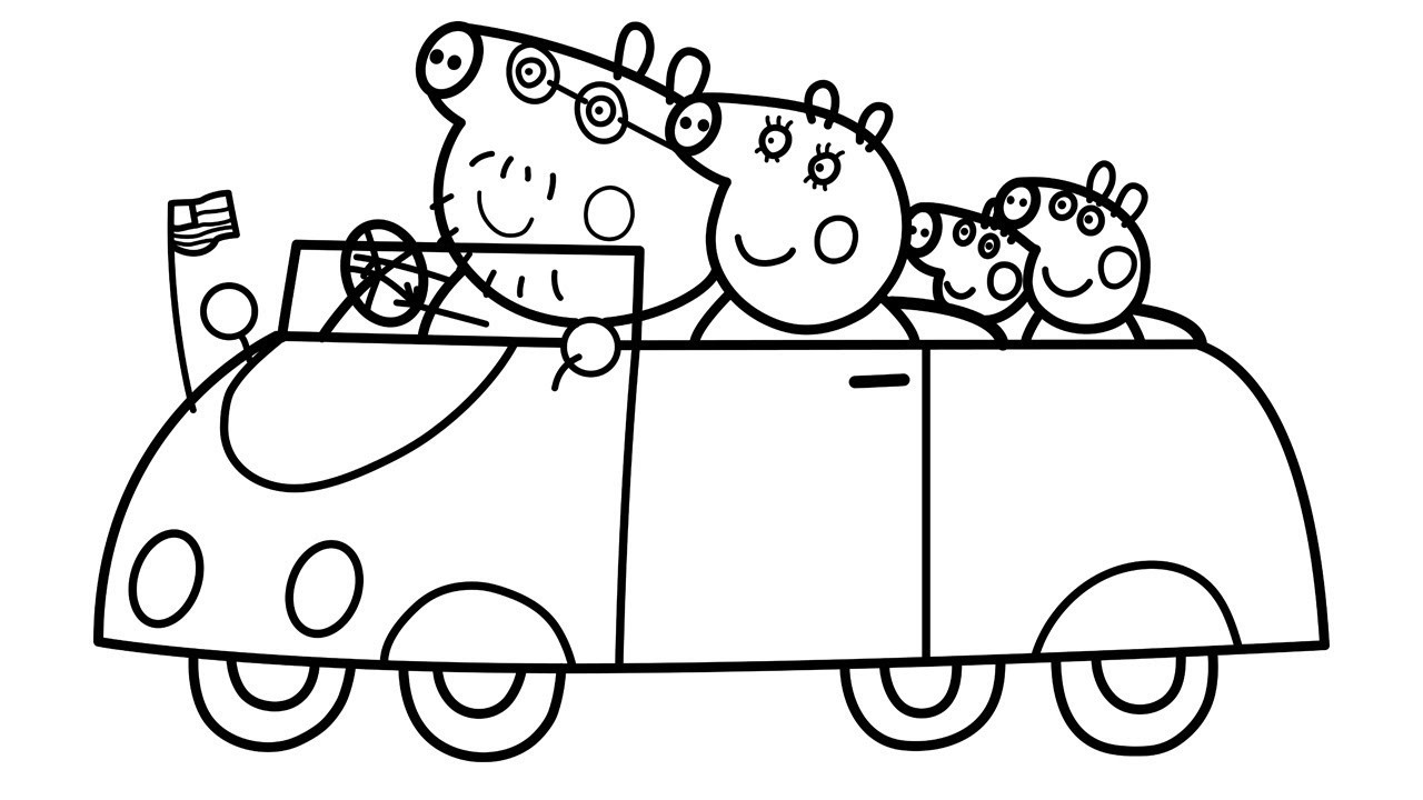 Printable Peppa Pig Coloring Pages
 Peppa Pig Family in Car Coloring Pages