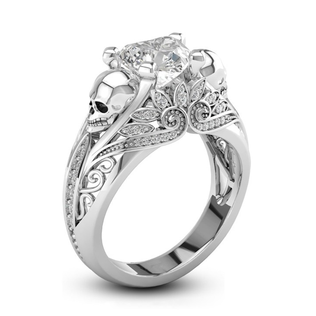 Promise Ring Engagement Ring Wedding Ring
 Heart Shape CZ Stone Silver Punk Skull Promise Ring for