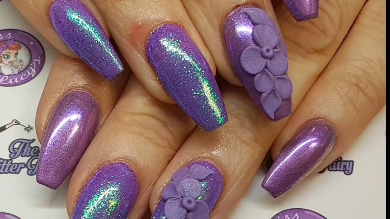 Purple Glitter Acrylic Nails
 Purple Acrylic Nails Pigment 3d Flowers Glitter