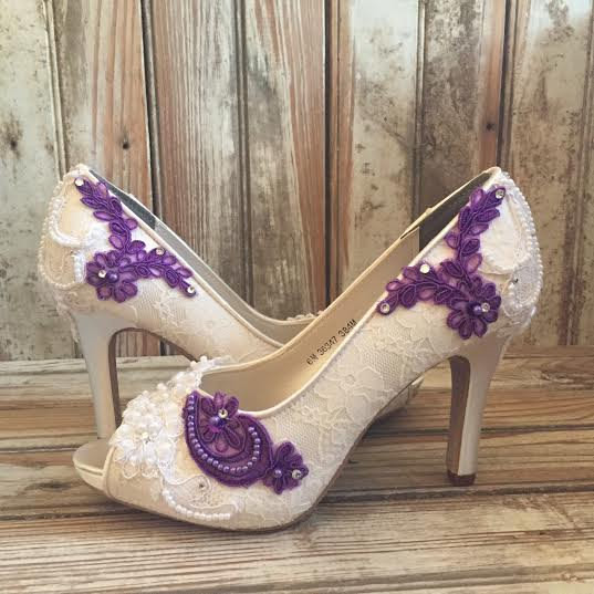 Purple Shoes For Wedding
 Colored Bridal Shoes Purple Ivory White All Lace Beaded Peep