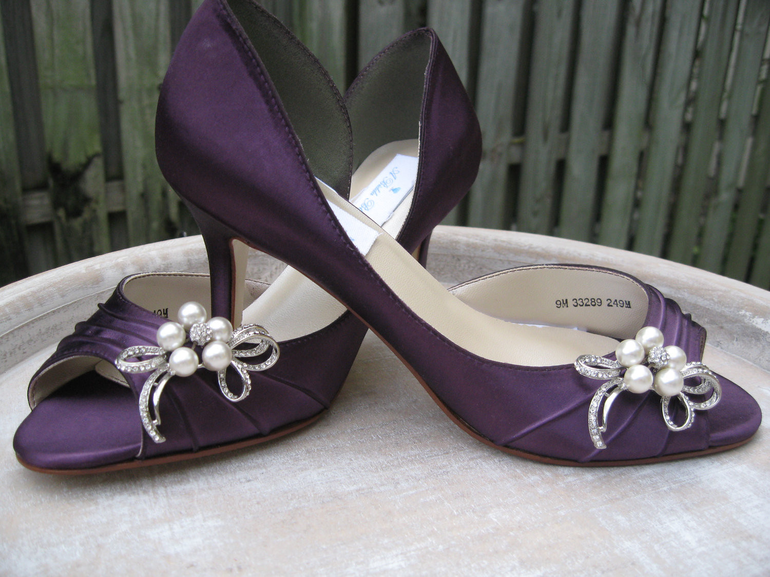 Purple Shoes For Wedding
 Purple Eggplant Bridal Shoes with Pearl and Crystal Bow Brooch