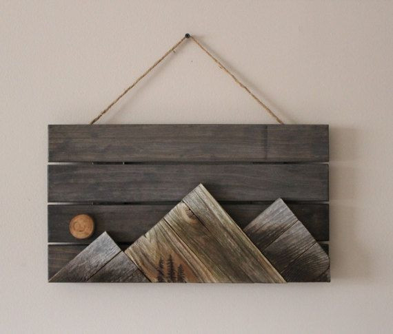 Reclaimed Wood Wall Art DIY
 Wooden mountains wall art by OutsideInWoodShop on Etsy in