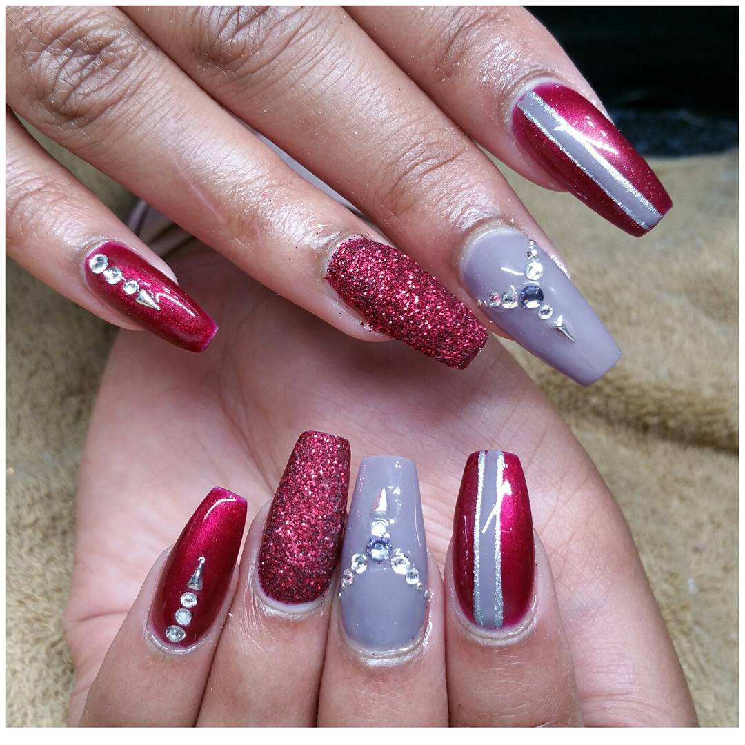 Red Nails With Glitter
 Red and Gray Nails with Rhinestones and Glitter Easy