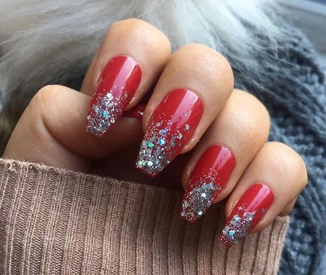 Red Nails With Glitter
 Hand Painted False Nails Red Coffin Square Full Cover