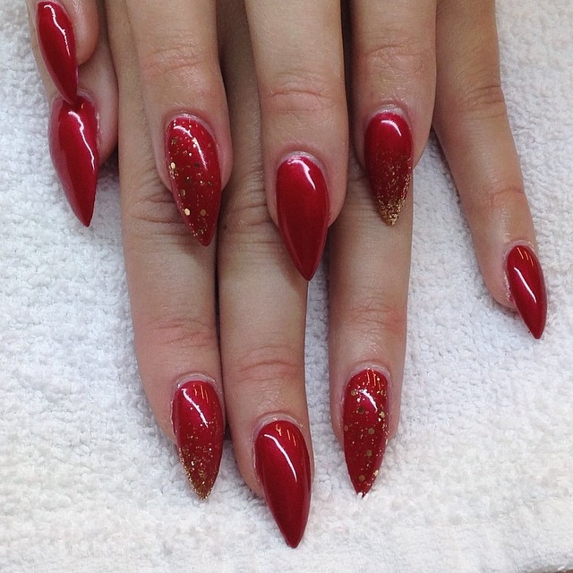 Red Nails With Glitter
 Red Stiletto Nails With Gold Glitter s and