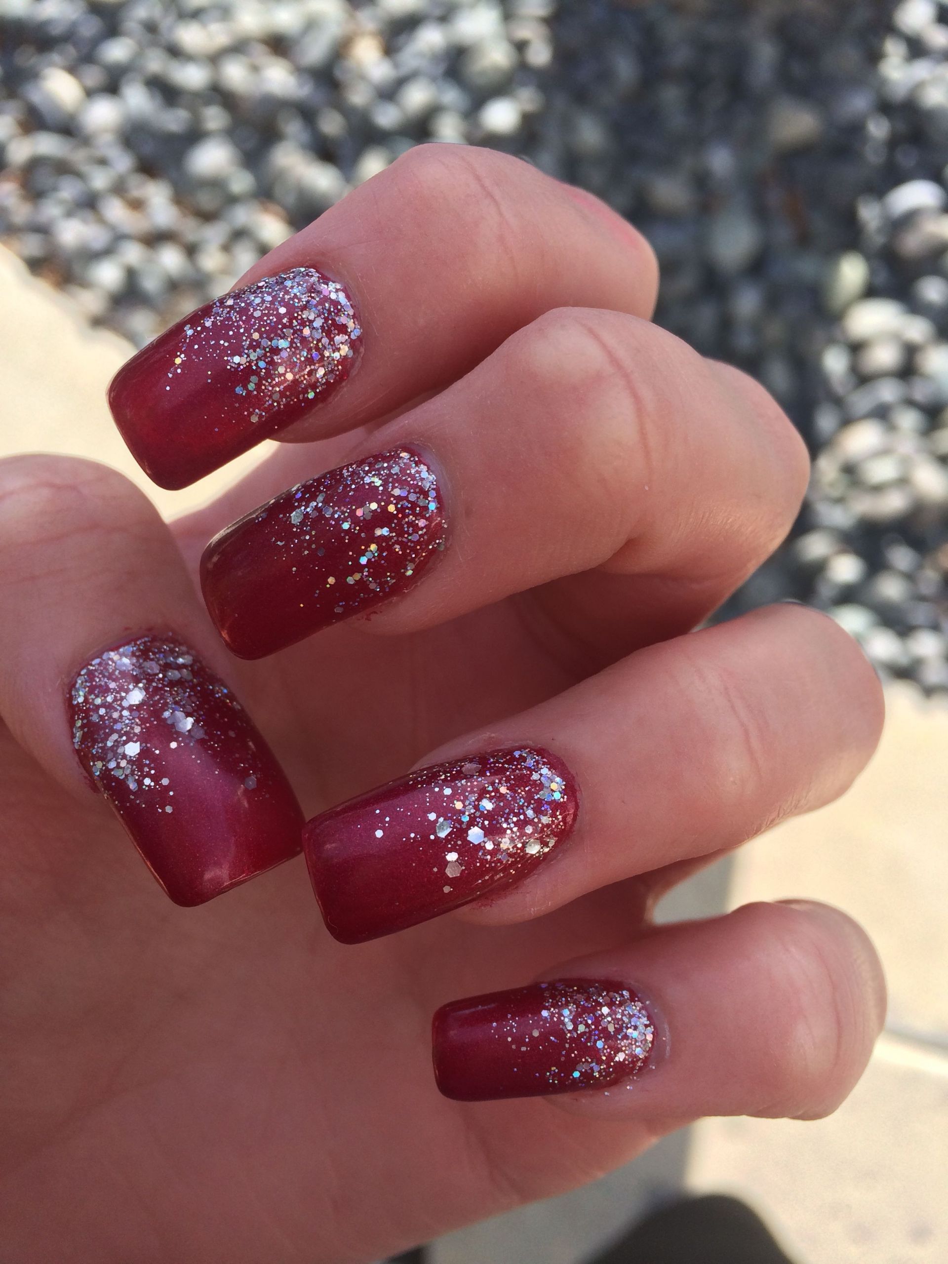 Red Nails With Glitter
 Deep red gel acrylics with sparkles ️ nails gel acrylic