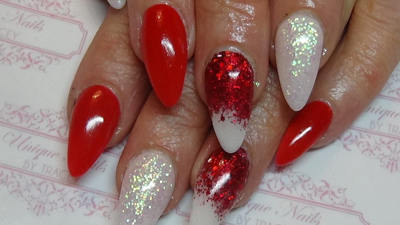 Red Nails With Glitter
 red glitter fade acrylic nails