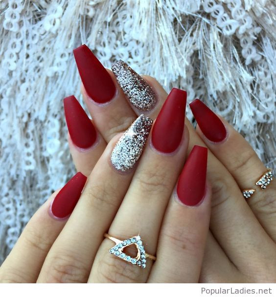 Red Nails With Glitter
 Red matte nails with some glitter