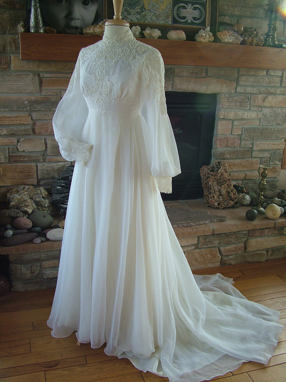 Retro Wedding Gowns
 Vintage wedding dress 1970s chiffon with alencon lace bodice