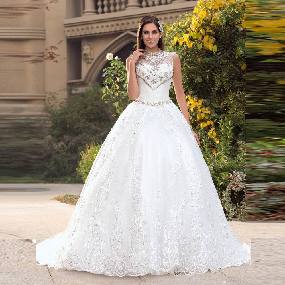 Rhinestone Wedding Dresses
 Sparkly High Neck Crystal Beaded Princess Wedding Dresses