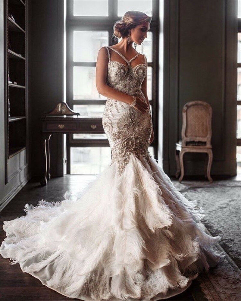 Rhinestone Wedding Dresses
 Luxury Mermaid Wedding Dresses Custom Rhinestones Feather