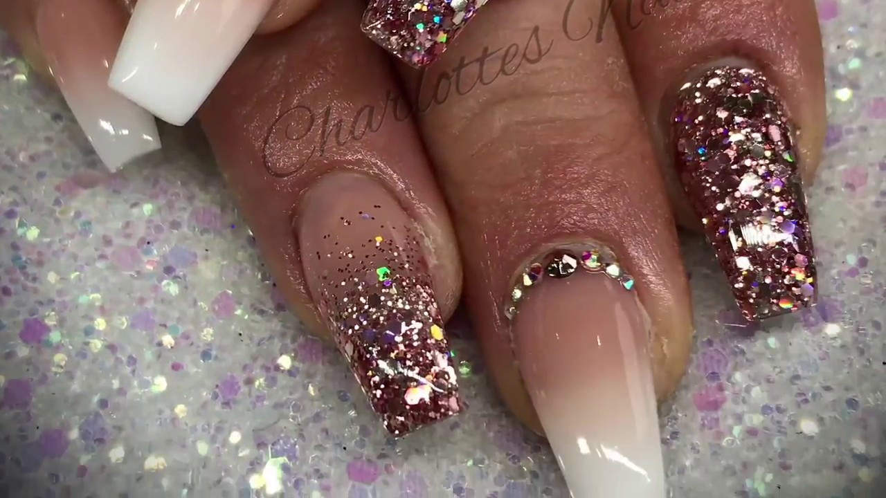 Rose Gold Glitter Nails
 Acrylic nails ombré with rose gold glitter