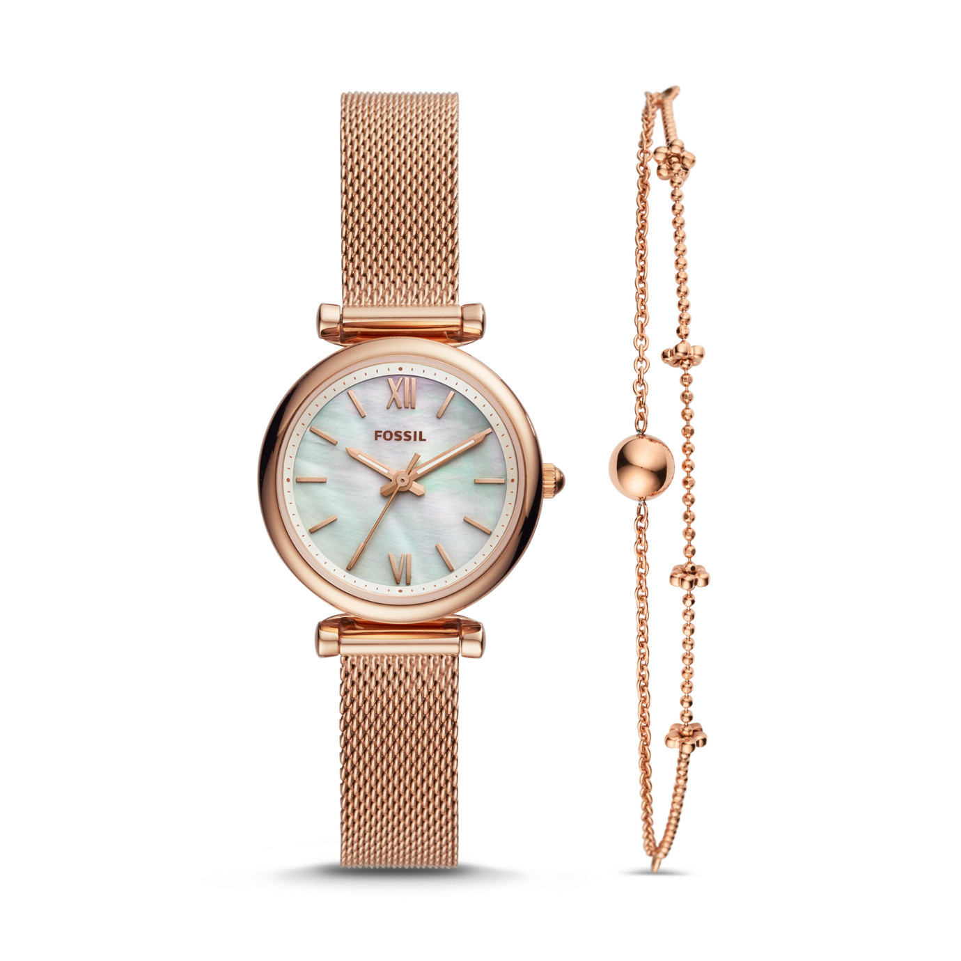 Rose Gold Watch And Bracelet Set
 Carlie Mini Three Hand Rose Gold Tone Stainless Steel