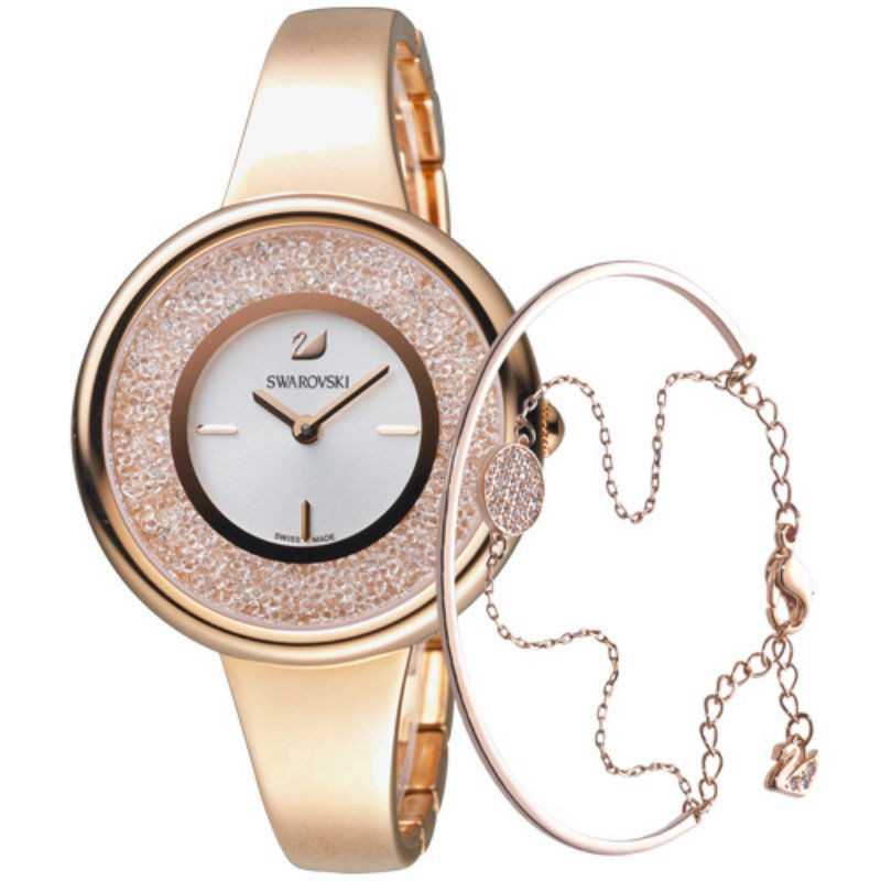 Rose Gold Watch And Bracelet Set
 Swarovski Crystalline Pure Rose Gold Tone Watch and
