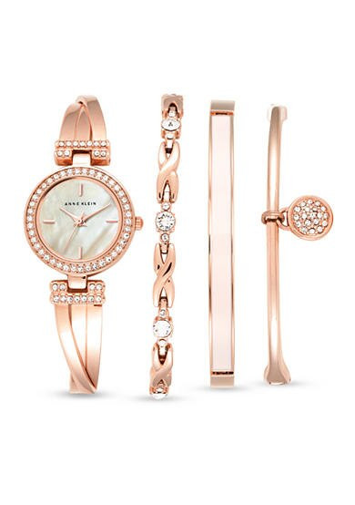 Rose Gold Watch And Bracelet Set
 Anne Klein Women s Rose Gold Tone Watch and 3 Stackable