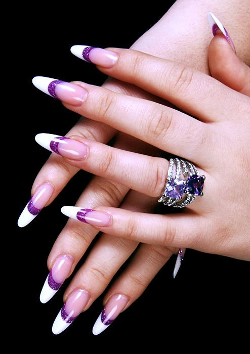 Round Tip Nail Designs
 Long French nails with round tips and thick purple line