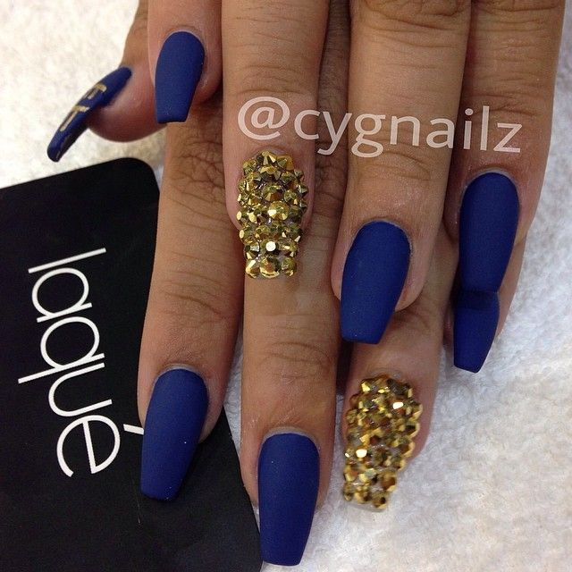 Royal Blue And Gold Nail Designs
 Matte Blue w Gold Rhinestones
