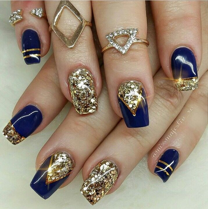 Royal Blue And Gold Nail Designs
 Blue and gold glitter acrylic nails in 2019