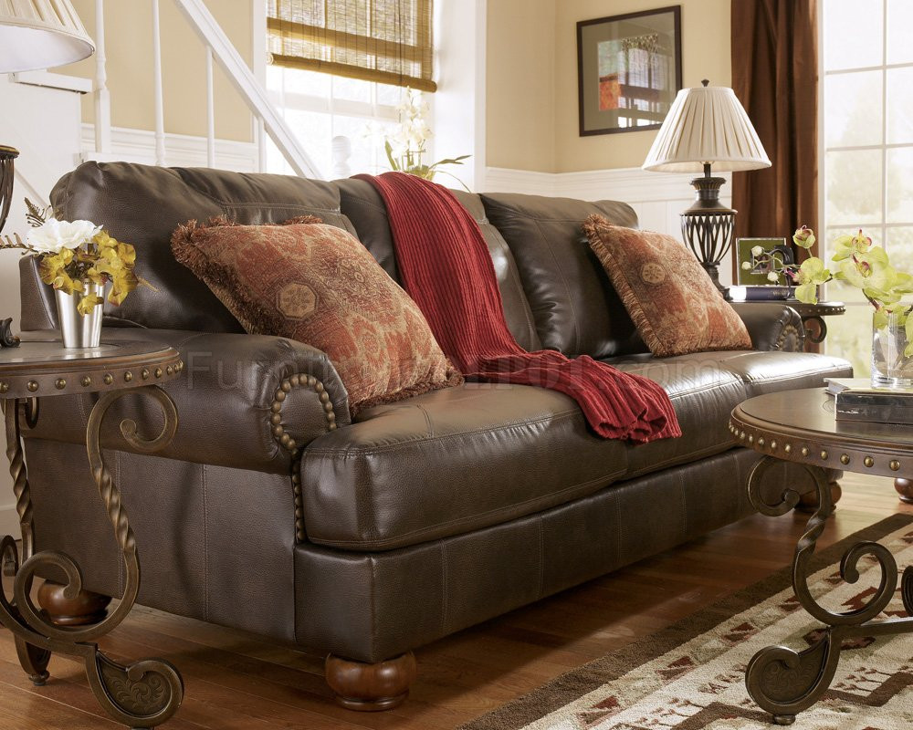 Rustic Living Room Furniture
 Truffle Color Rustic Living Room with Nailhead Deatils By