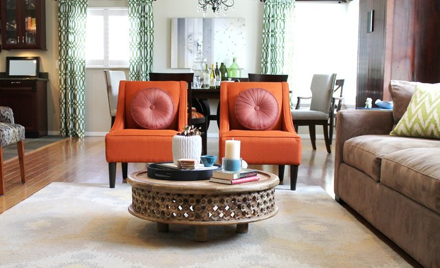 Rustic Living Room Furniture Sets
 Orange Transitional Chairs and Rustic Coffee Table