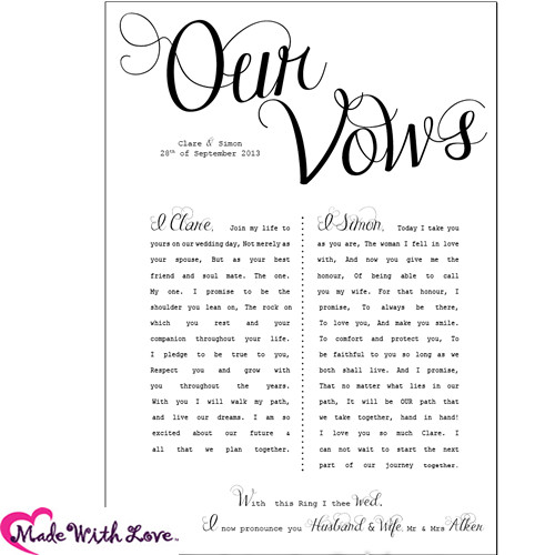 Sample Personal Wedding Vows
 Wedding Vows printed with your personal wording Perfect